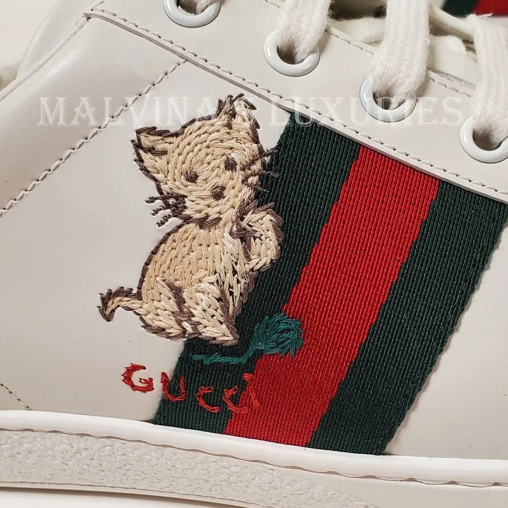 GUCCI SNEAKERS NEW ACE KITTEN WHITE LEATHER SHOES w WEB sz 41 11